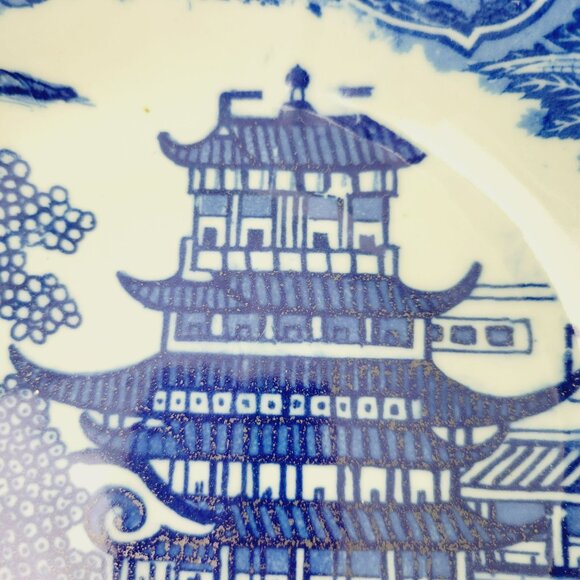 Vintage Blue & White VictorianWare Ironstone Bowl Chinoiserie Pagoda Blue Willow - Picture 11 of 15